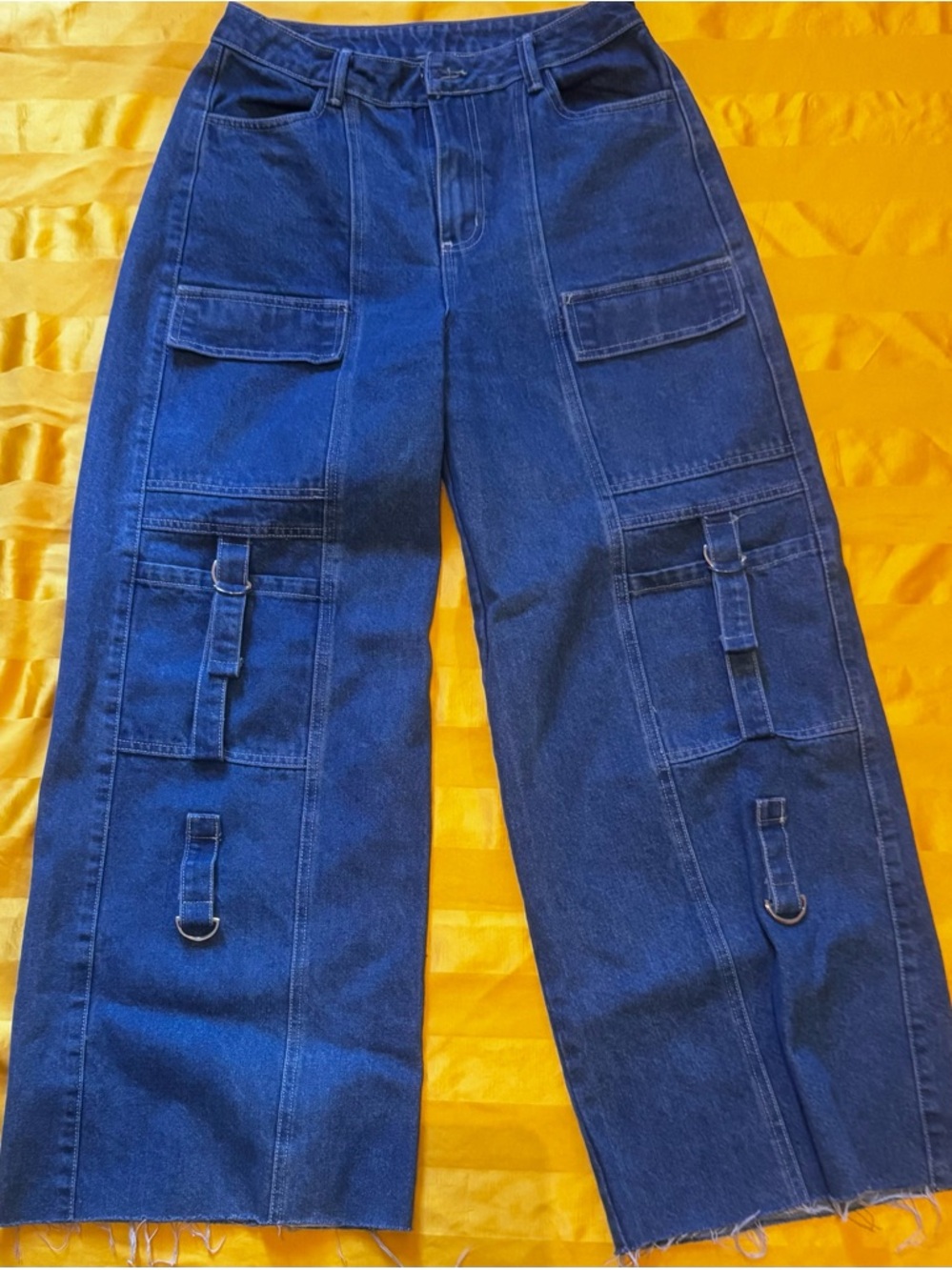 Wide Leg Cargo Jeans in Dark Blue - Women's Flared Denim Pants